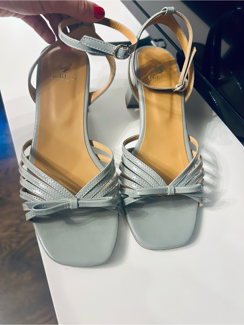 Strappy Light Green/Gray Block Heel Sandals for Women